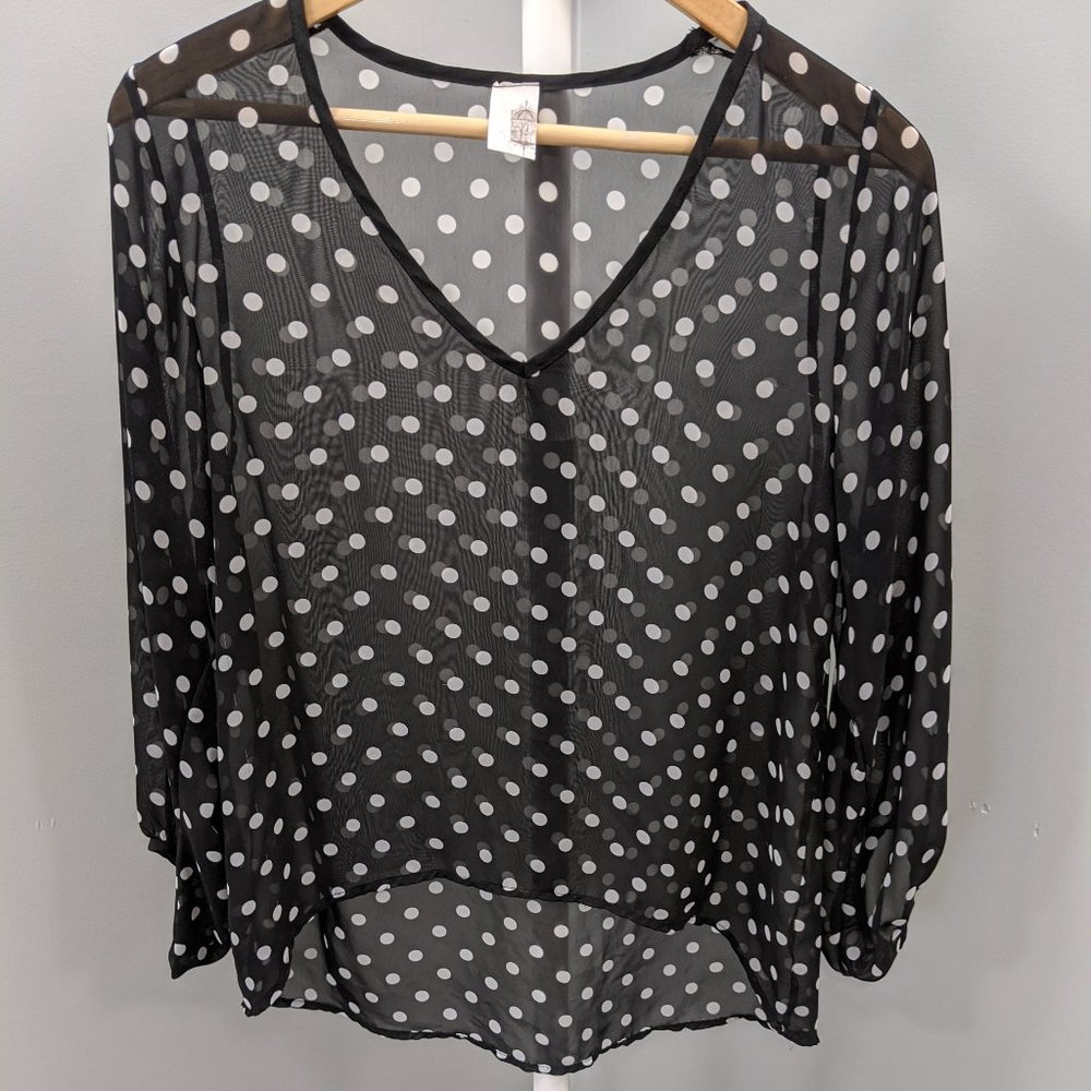 Womens High Low V Neck Black White Polka Dot Top,M